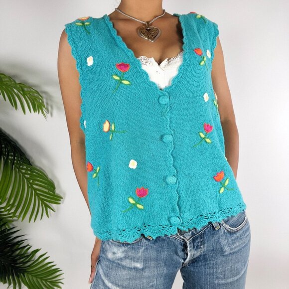 Womens Vintage 70s Blue Floral Embroidered Cottagecore Grandma Knit Vest / Small - Picture 1 of 6